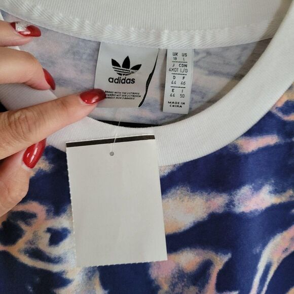 Adidas Womens Top Blue L 3 Stripe Tie Dye Crop Top Crew Neck Pink New - Picture 3 of 7